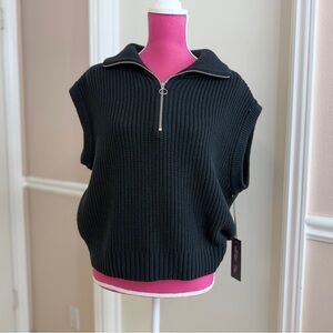 Rachel Zoe Womens 1/4 Zip Sleeveless Ribbed Knit Sweater Black Collared XL, NEW